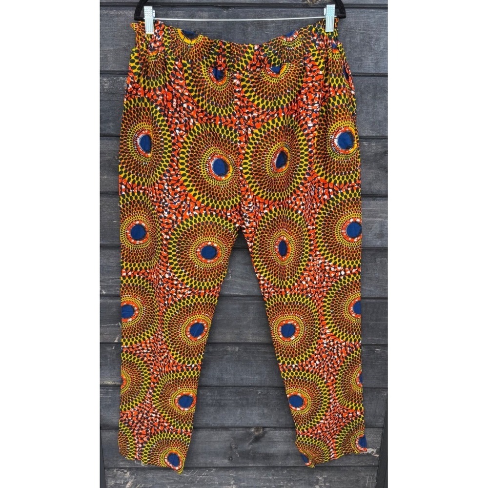 African Wax Print Ankara Pants Orange Yellow Blue Geometric Sunburst Tapered L